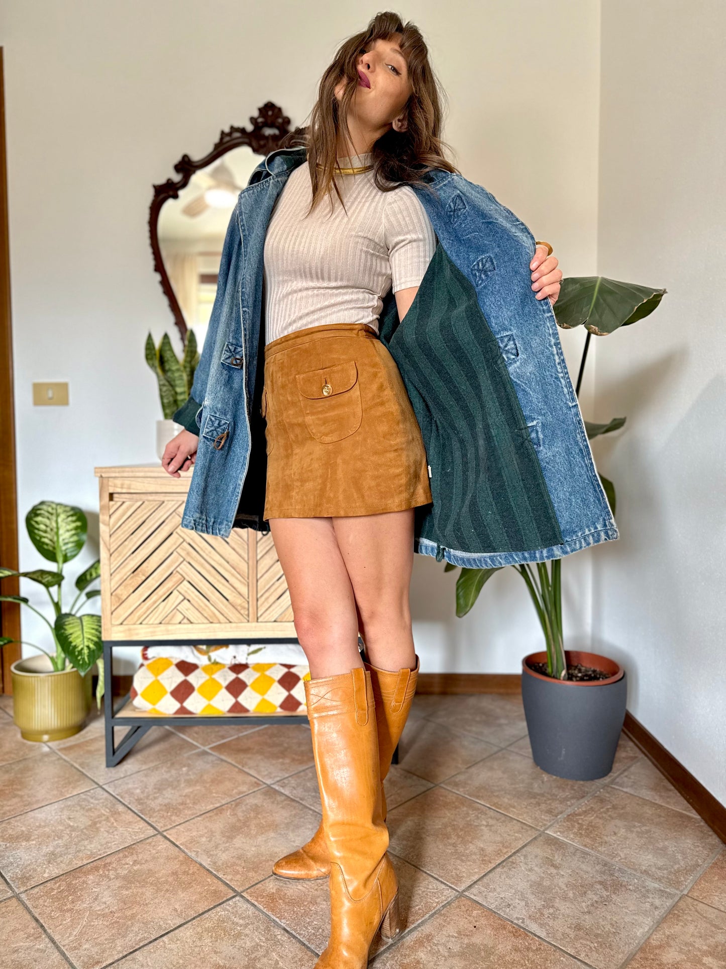 1990’s vintage denim duffle coat with green and navy plaid lining