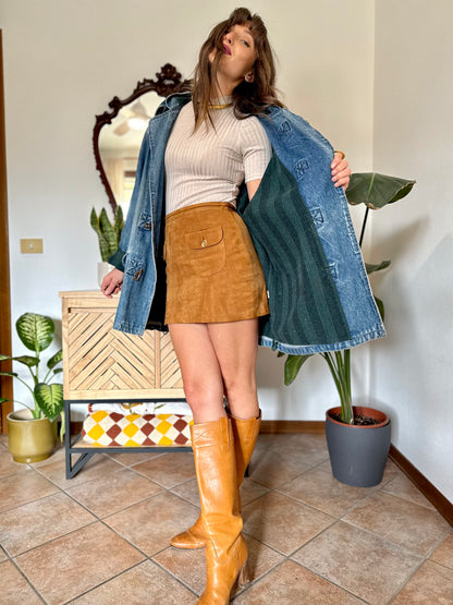 1990’s vintage denim duffle coat with green and navy plaid lining