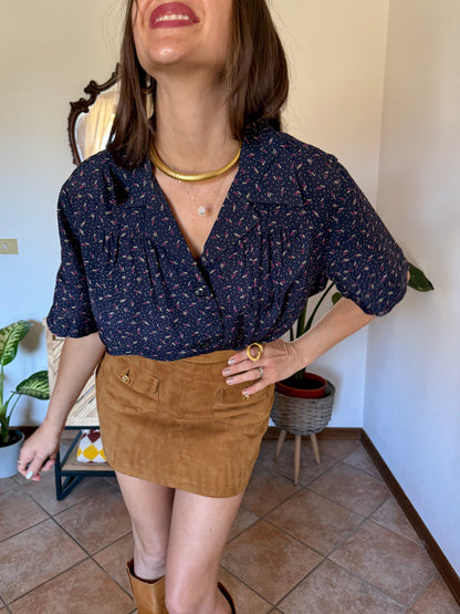 1970's vintage navy blue silk blouse with pink and tan abstract line print