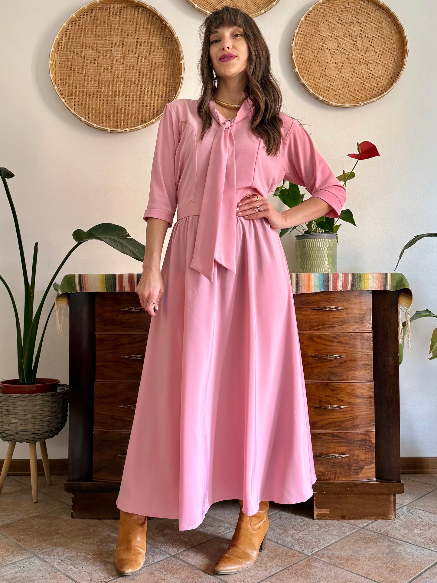 1970’s vintage pink maxi dress with bow tie collar