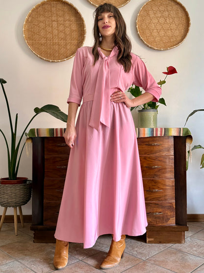 1970’s vintage pink maxi dress with bow tie collar