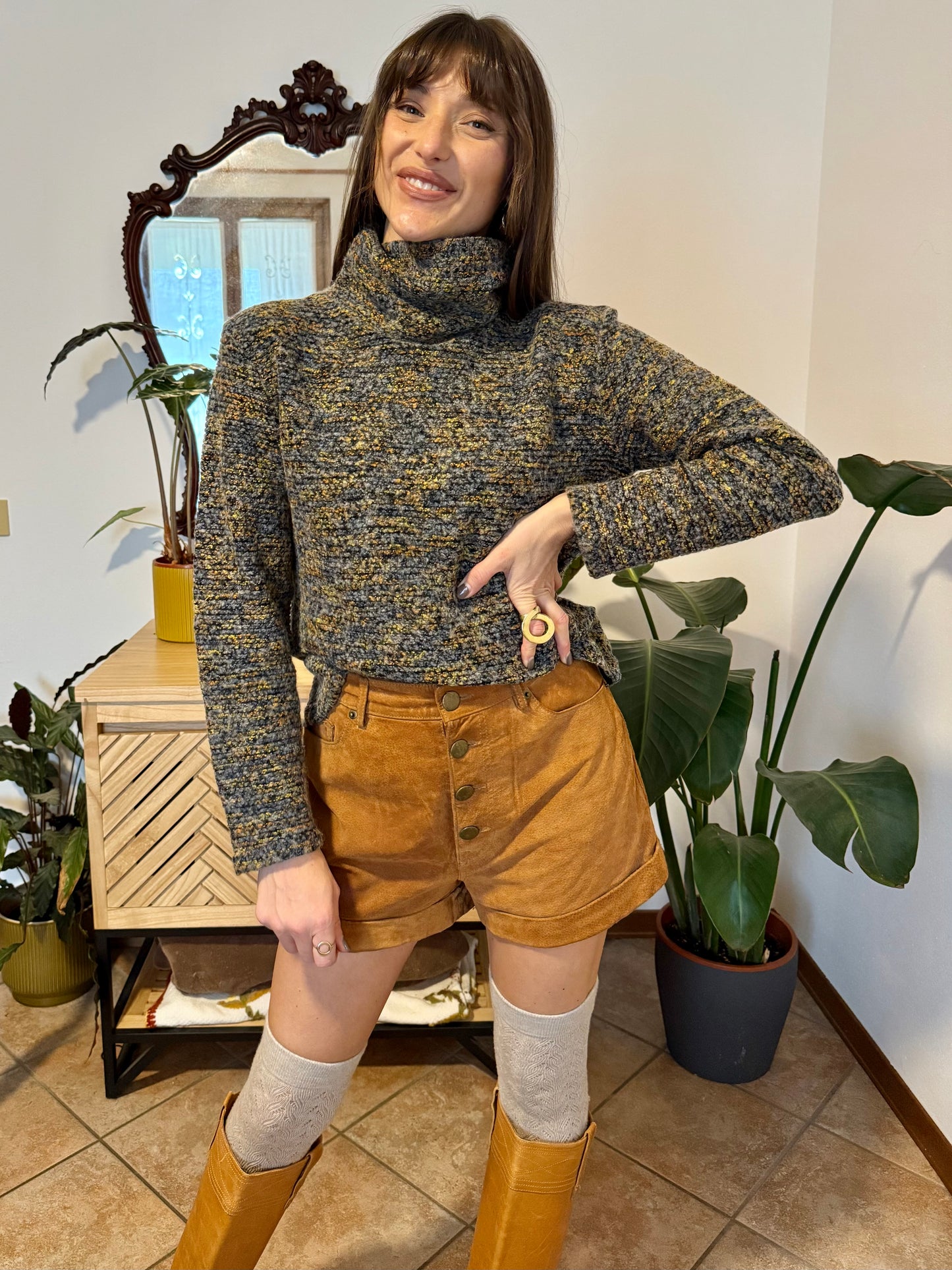 1990's vintage charcoal grey, yellow and blue boucle knit turtleneck pullover