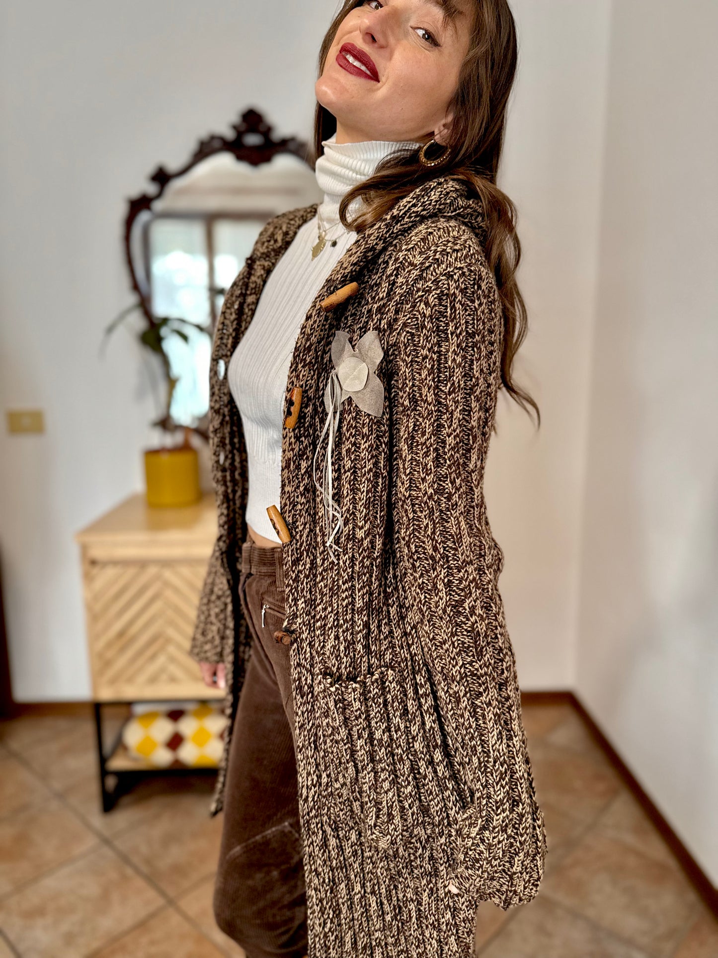 Y2K vintage chocolate brown and tan knit duster cardigan with suede flower details