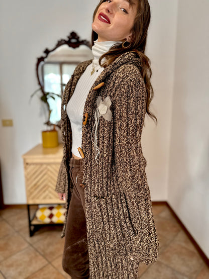 Y2K vintage chocolate brown and tan knit duster cardigan with suede flower details