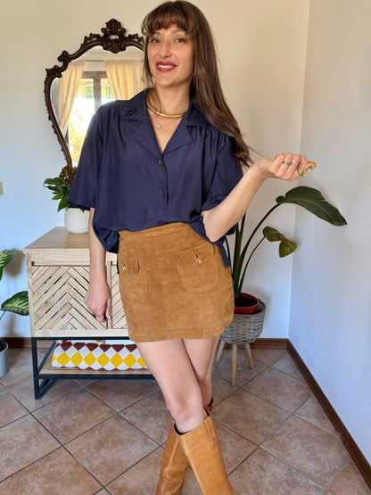 1970’s vintage navy blue blouse with floral embroidered collar