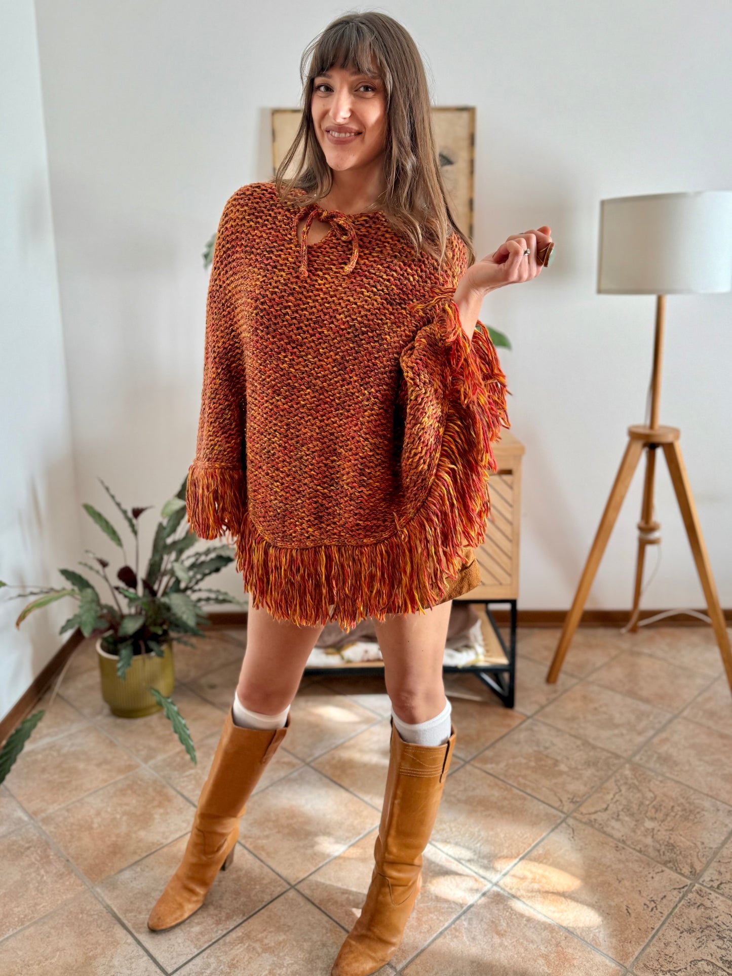 1970's vintage yellow and burgundy knit poncho with fringe details