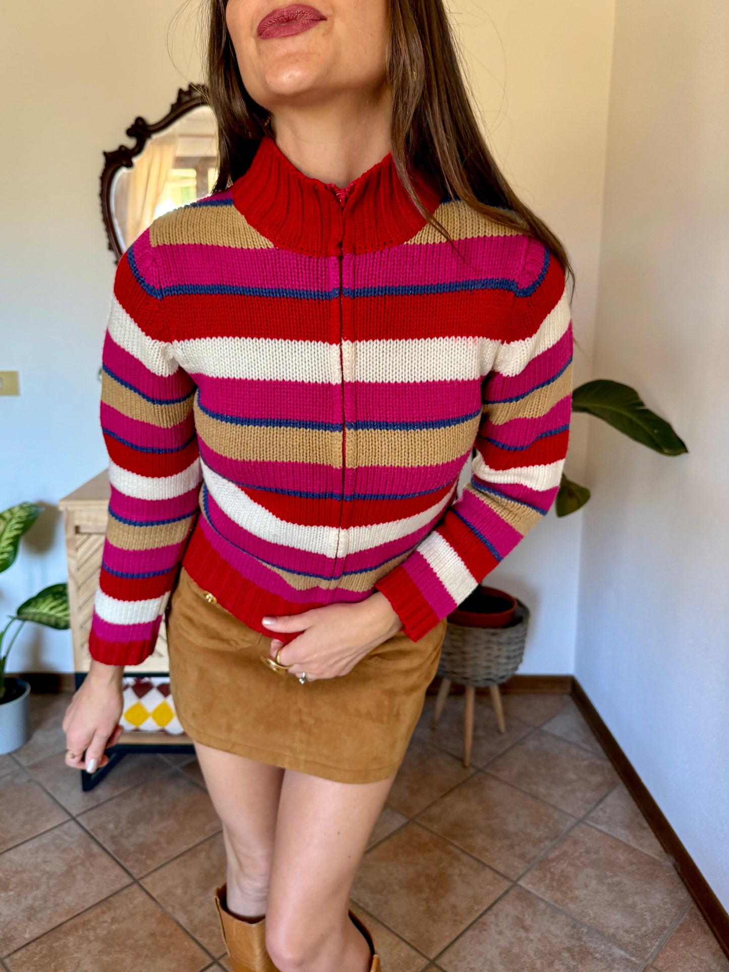 1990's vintage red, pink and blue stripe zip up wool knit cardigan