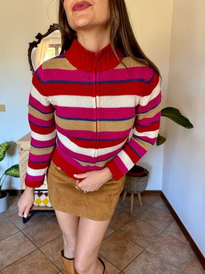 1990's vintage red, pink and blue stripe zip up wool knit cardigan