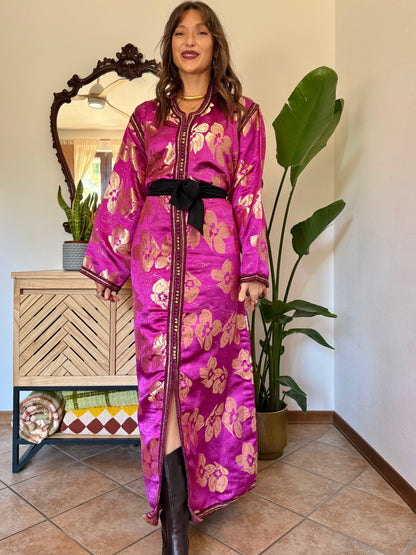 1970’s vintage fuchsia and gold floral weave brocade satin maxi dress