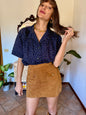 1970's vintage navy blue silk blouse with pink and tan abstract line print