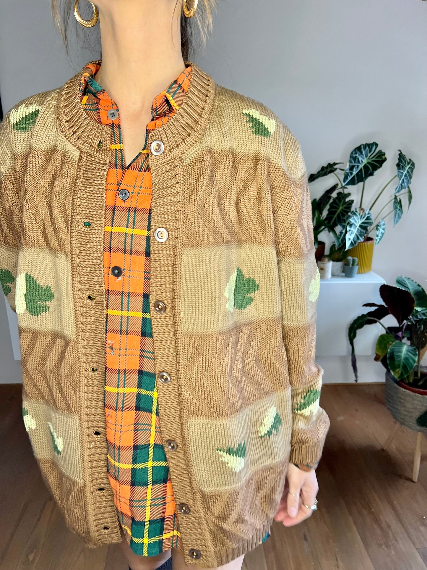 1970's vintage oversize tan trip knit cardigan with green leaf knit pattern