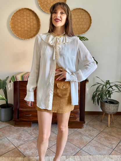 Y2K vintage cream silk blouse with ruffle collar and cuff details
