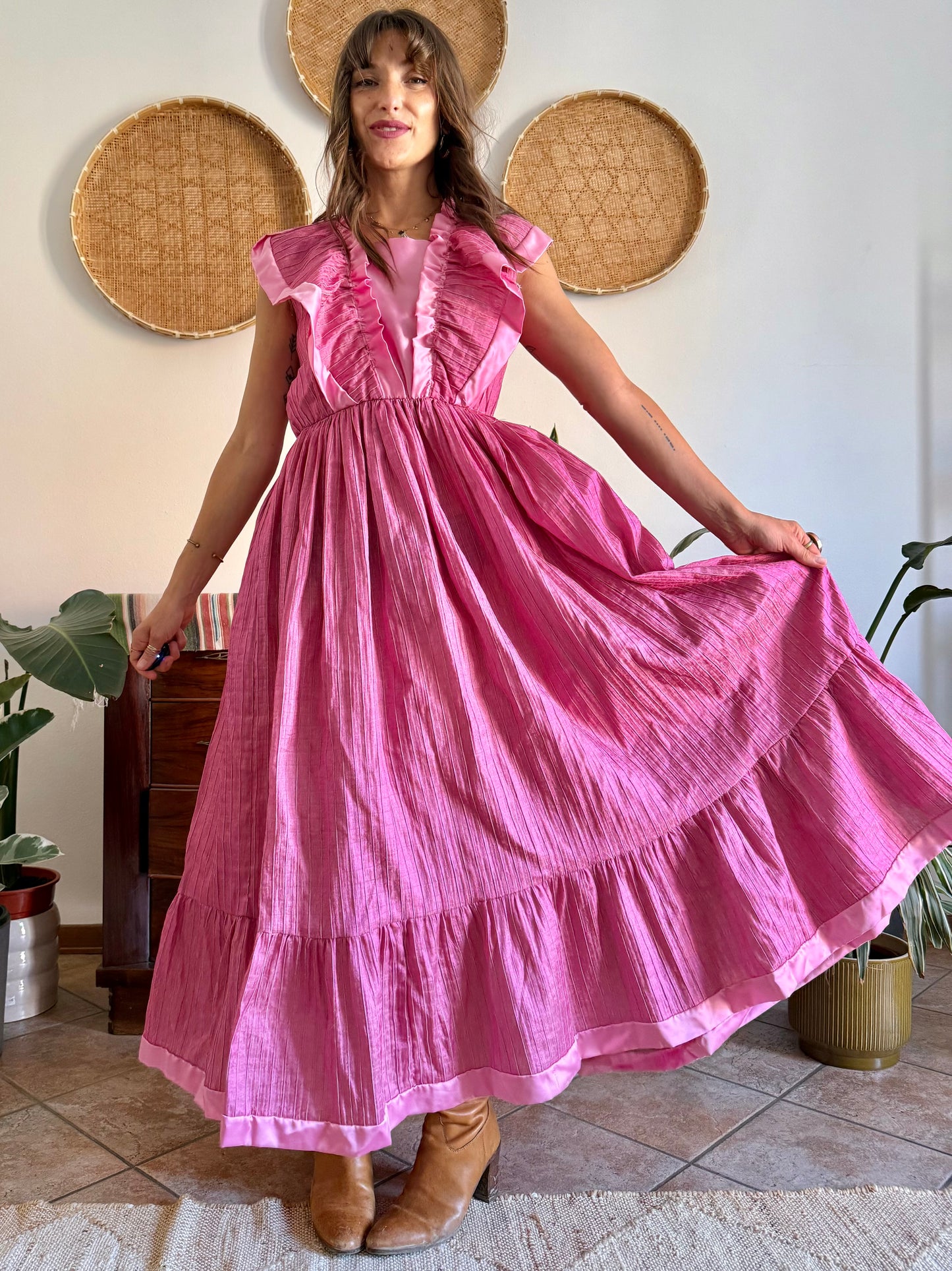 1970’s vintage metallic textured pink maxi prairie dress with satin ruffle details