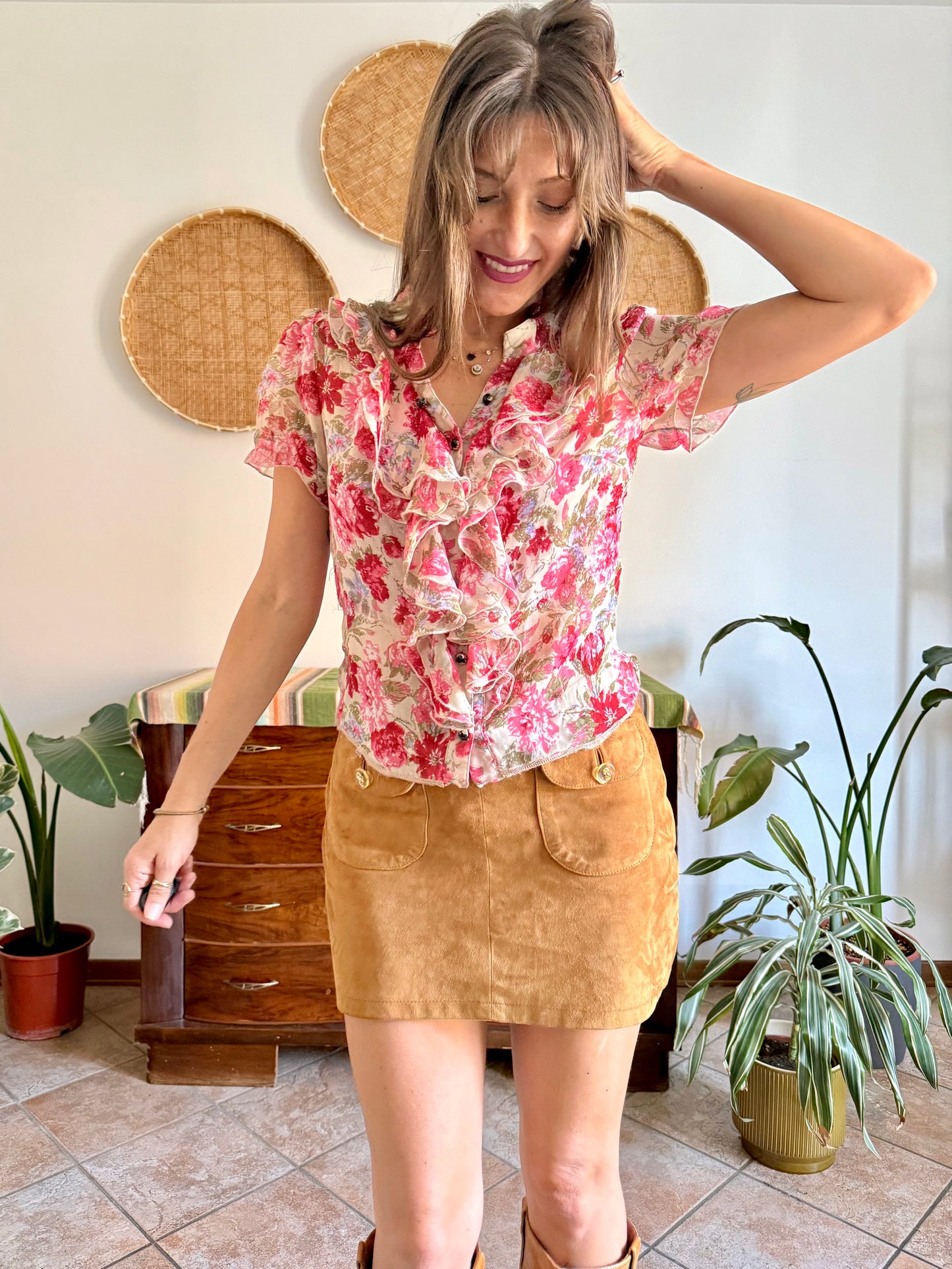 Y2K vintage pink floral ruffle silk blouse