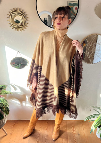 1970's vintage hand knit tan and chocolate brown geometric knit poncho with fringe detail