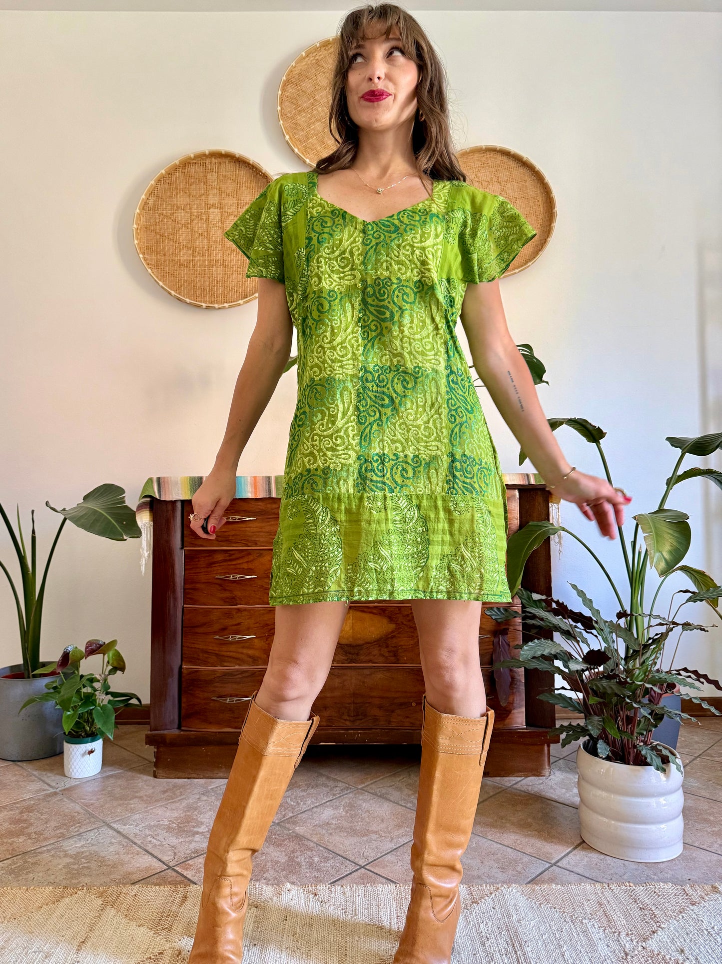 1970’s vintage mutitonal green hand block printed mini dress