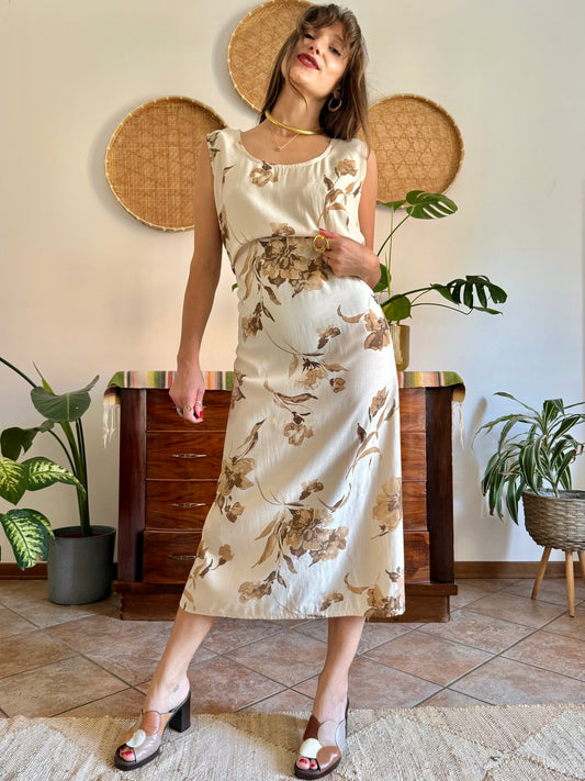 1990's vintage beige floral maxi dress with chocolate brown floral print