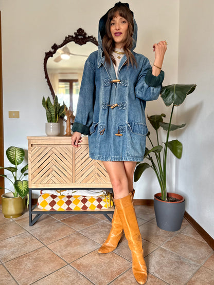 1990’s vintage denim duffle coat with green and navy plaid lining
