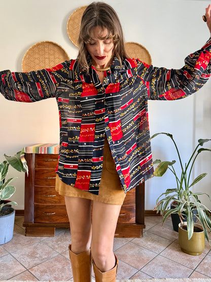 1970's vintage black, red and yellow stripe and floral print blouse