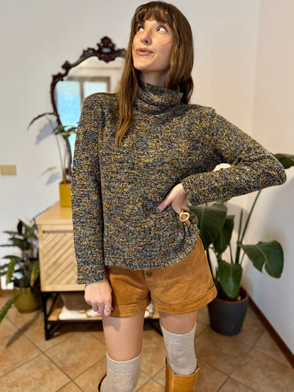 1990's vintage charcoal grey, yellow and blue boucle knit turtleneck pullover