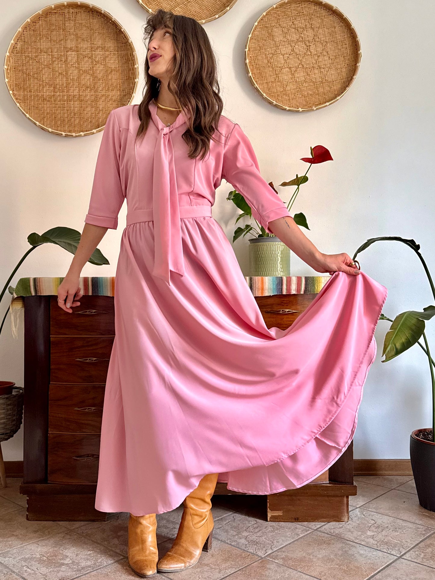 1970’s vintage pink maxi dress with bow tie collar