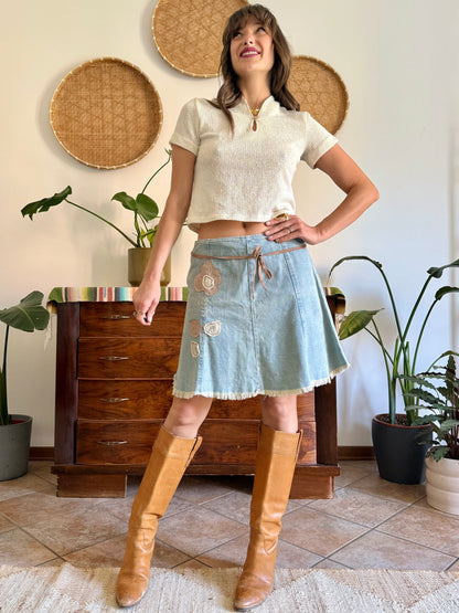 Y2K vintage denim skirt with beige floral patch detailing