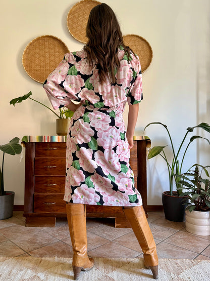 1960’s vintage pink, green and black silk floral print dress