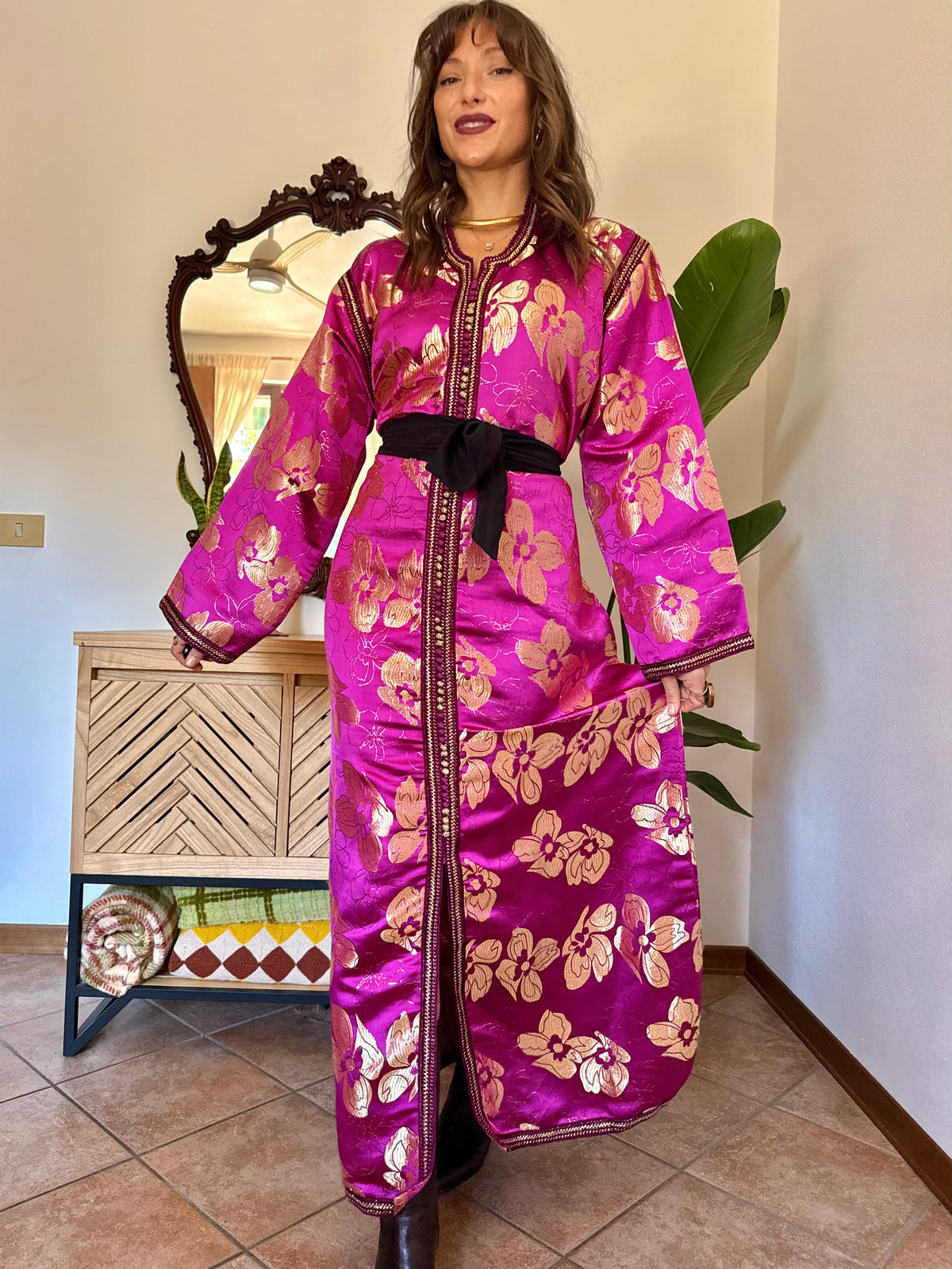 1970’s vintage fuchsia and gold floral weave brocade satin maxi dress