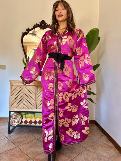 1970’s vintage fuchsia and gold floral weave brocade satin maxi dress