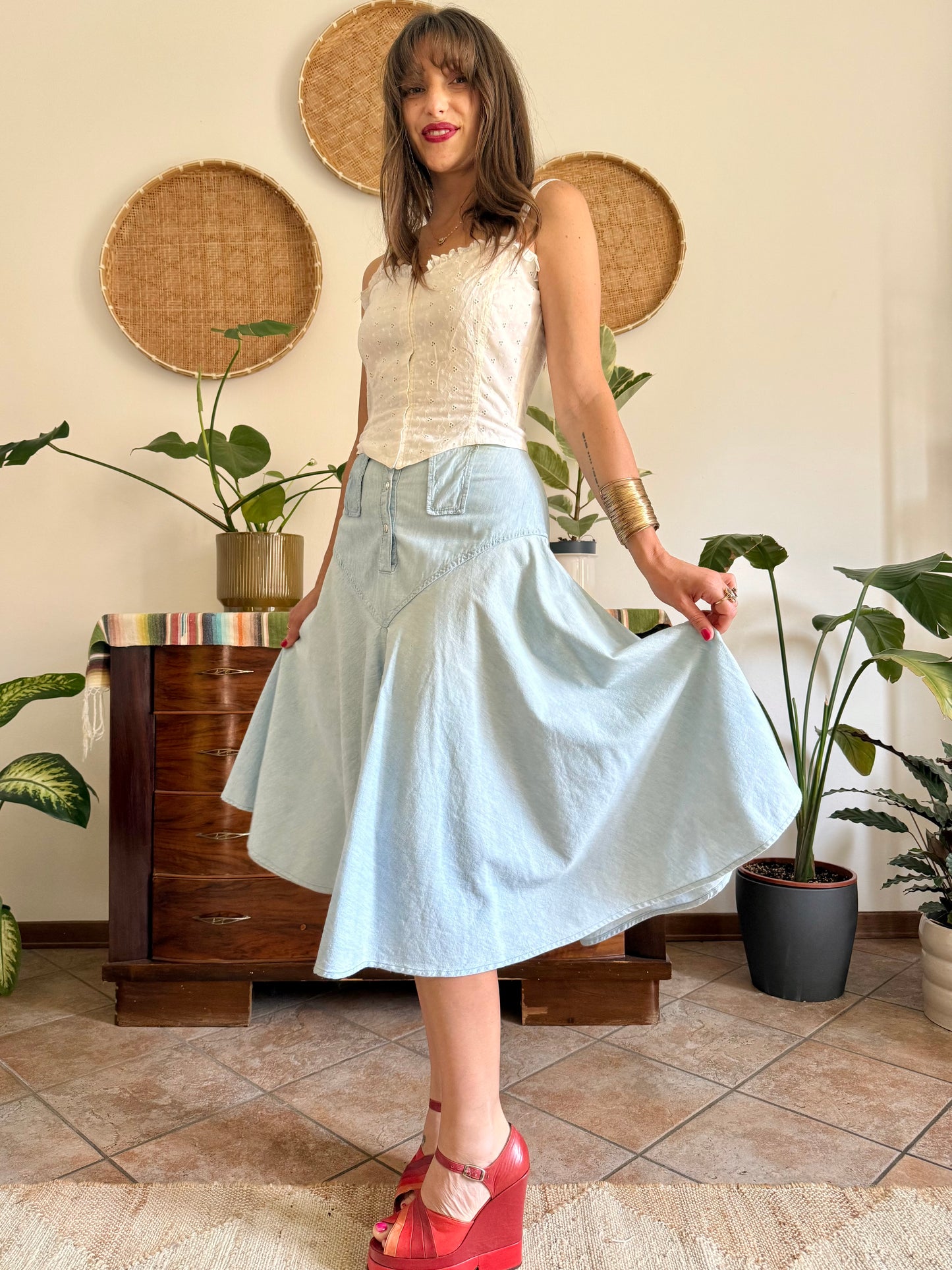 1970’s vintage light wash denim midi skirt