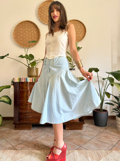 1970’s vintage light wash denim midi skirt