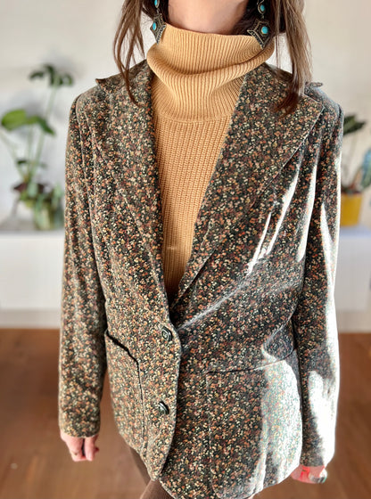 1970's vintage khaki velvet blazer with pink and cream floral print