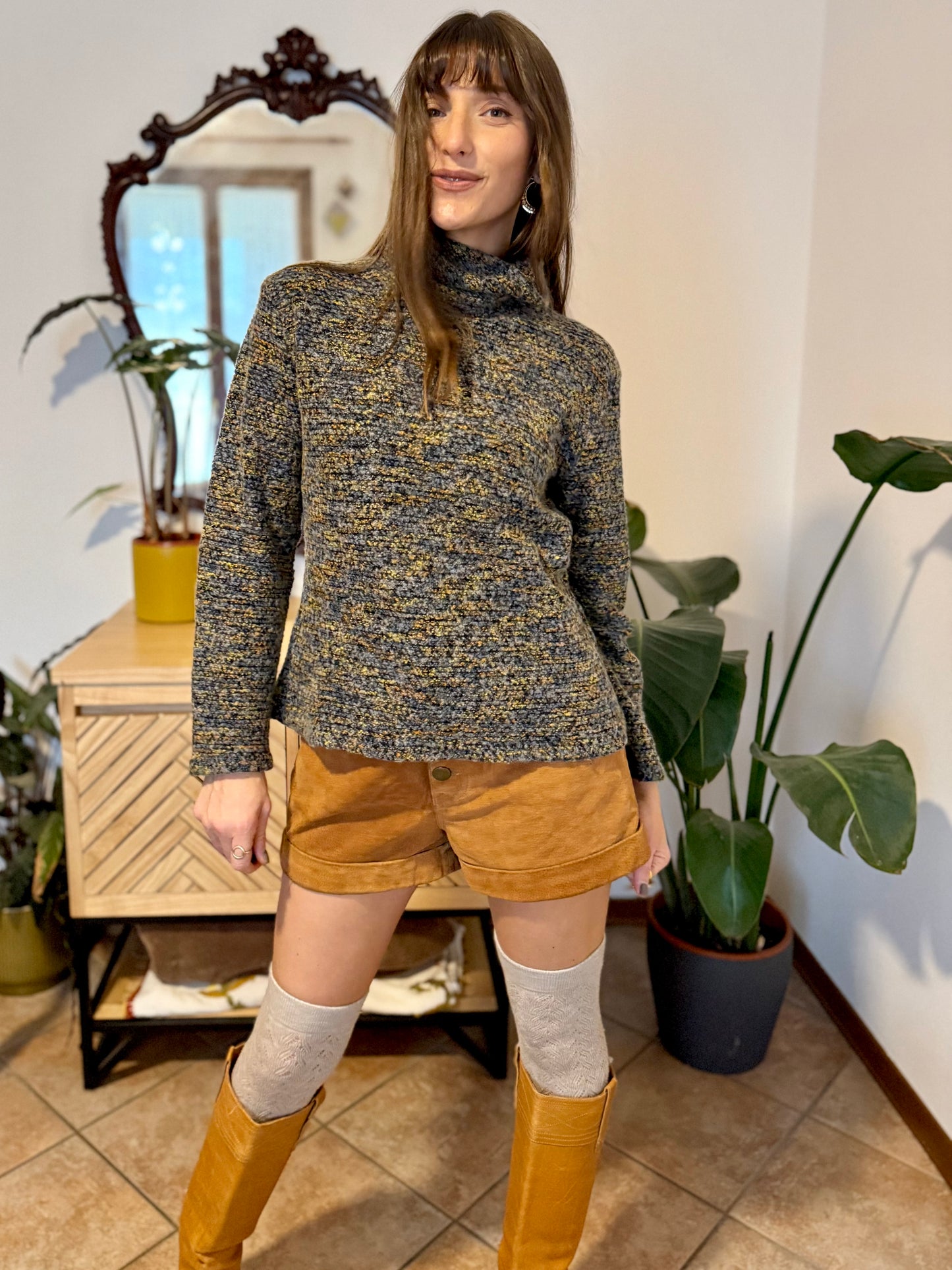 1990's vintage charcoal grey, yellow and blue boucle knit turtleneck pullover