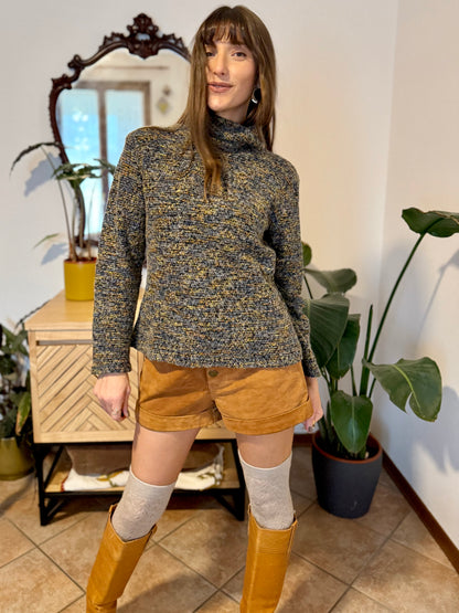 1990's vintage charcoal grey, yellow and blue boucle knit turtleneck pullover