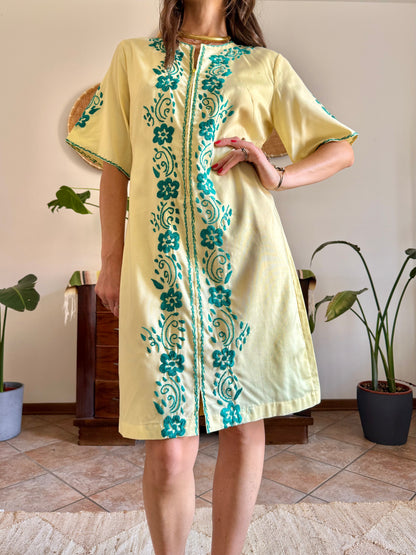 1970's vintage butter yellow cotton midi dress with green floral embroidery