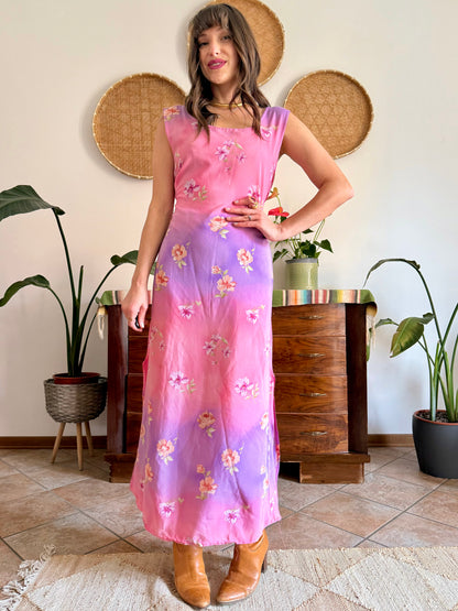 Y2K vintage lilac and pink semi sheer floral maxi dress