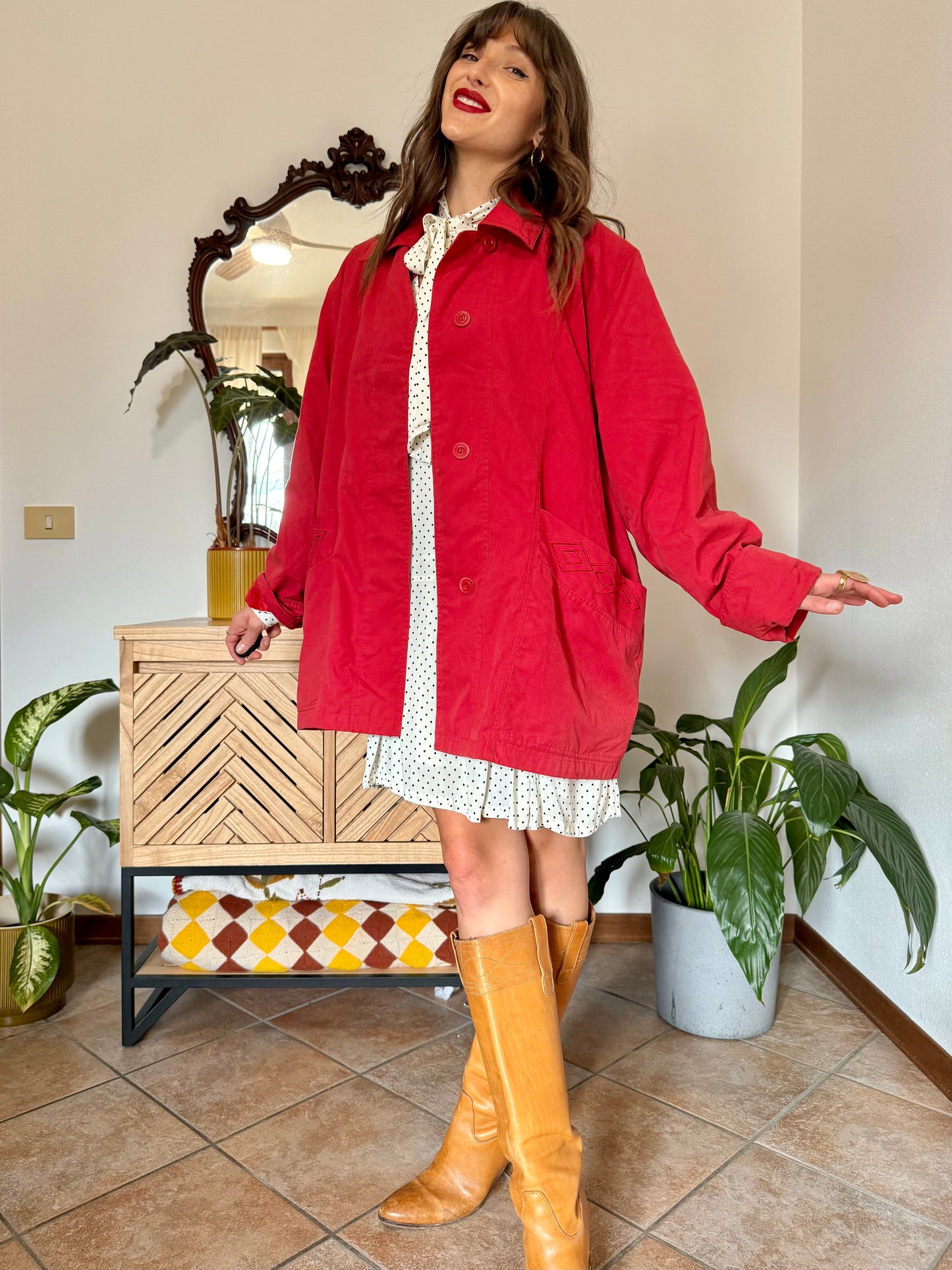1990’s vintage cherry red chore coat with diamond embroidered detailing