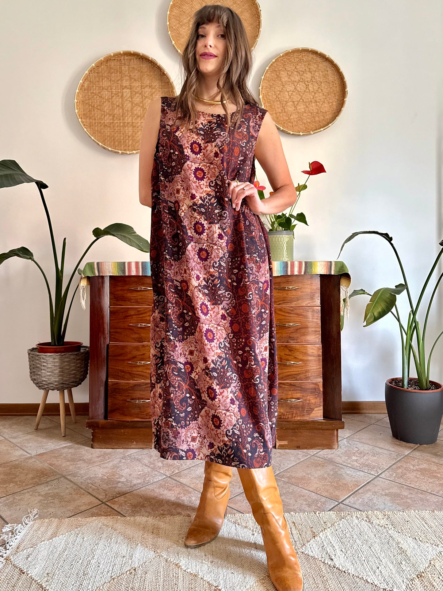 1990’s vintage burgundy, pink and orange floral paisley print maxi dress