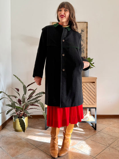 1950's vintage charcoal grey tyrol coat with green trimming and red and green plaid wool lining