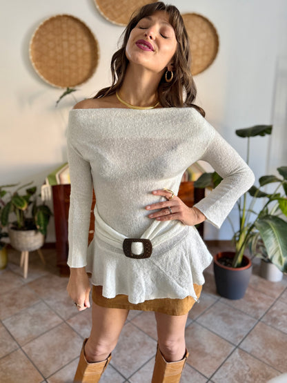 Y2K vintage asymmetrical cream mohair blend knit pullover with belt detail