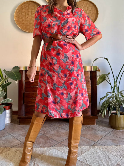 1960’s vintage punk and purple floral print midi dress with cowl neck