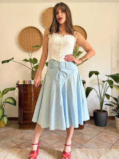 1970’s vintage light wash denim midi skirt
