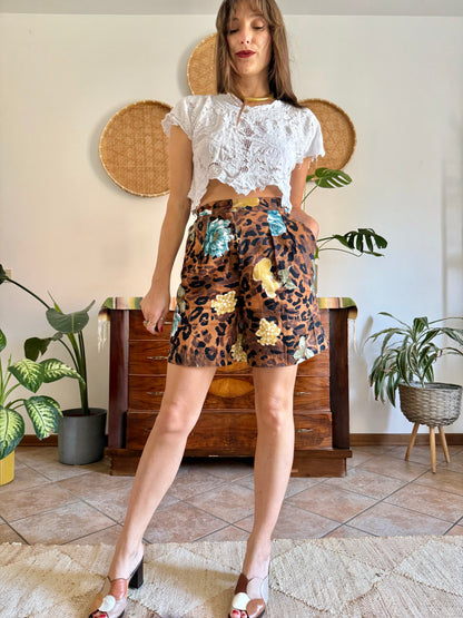 1980’s vintage leopard and floral print pleated front shorts