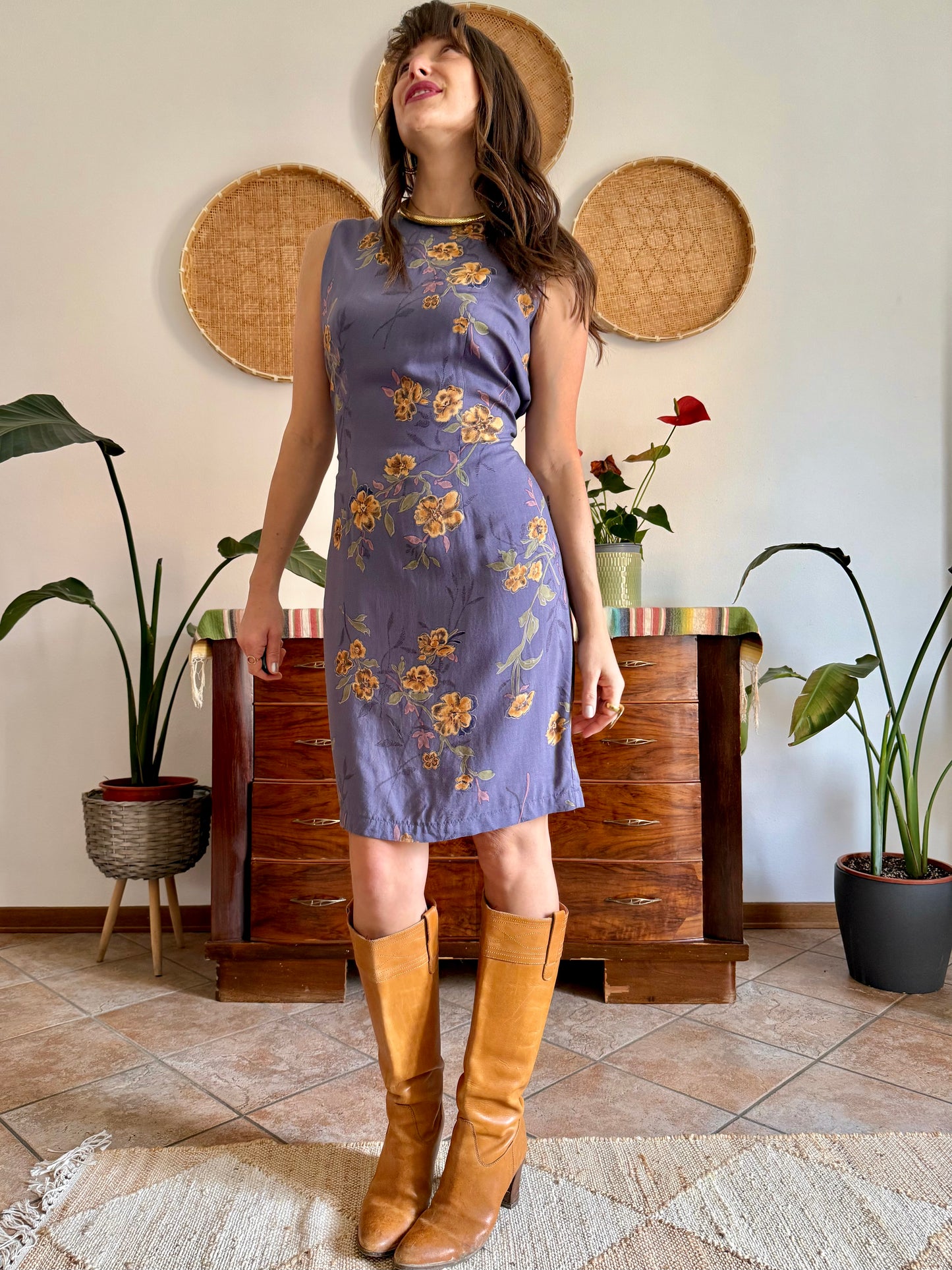 1990’s vintage purple midi shift dress with yellow and orange floral pattern