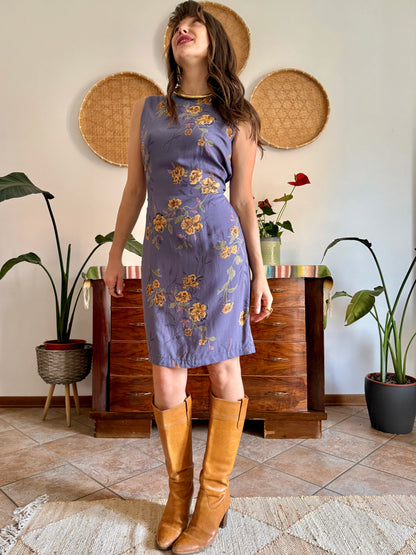 1990’s vintage purple midi shift dress with yellow and orange floral pattern