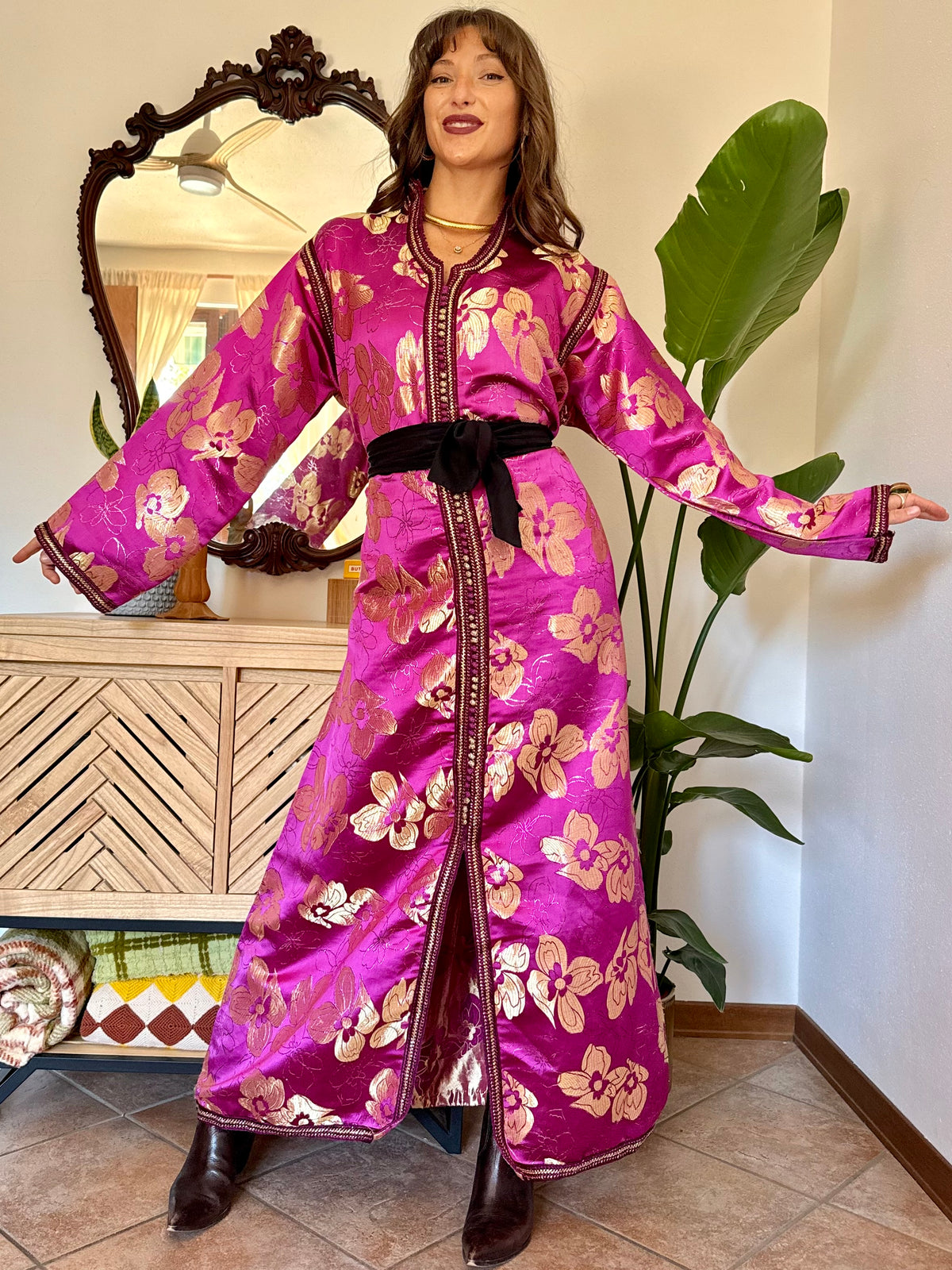 1970’s vintage fuchsia and gold floral weave brocade satin maxi dress