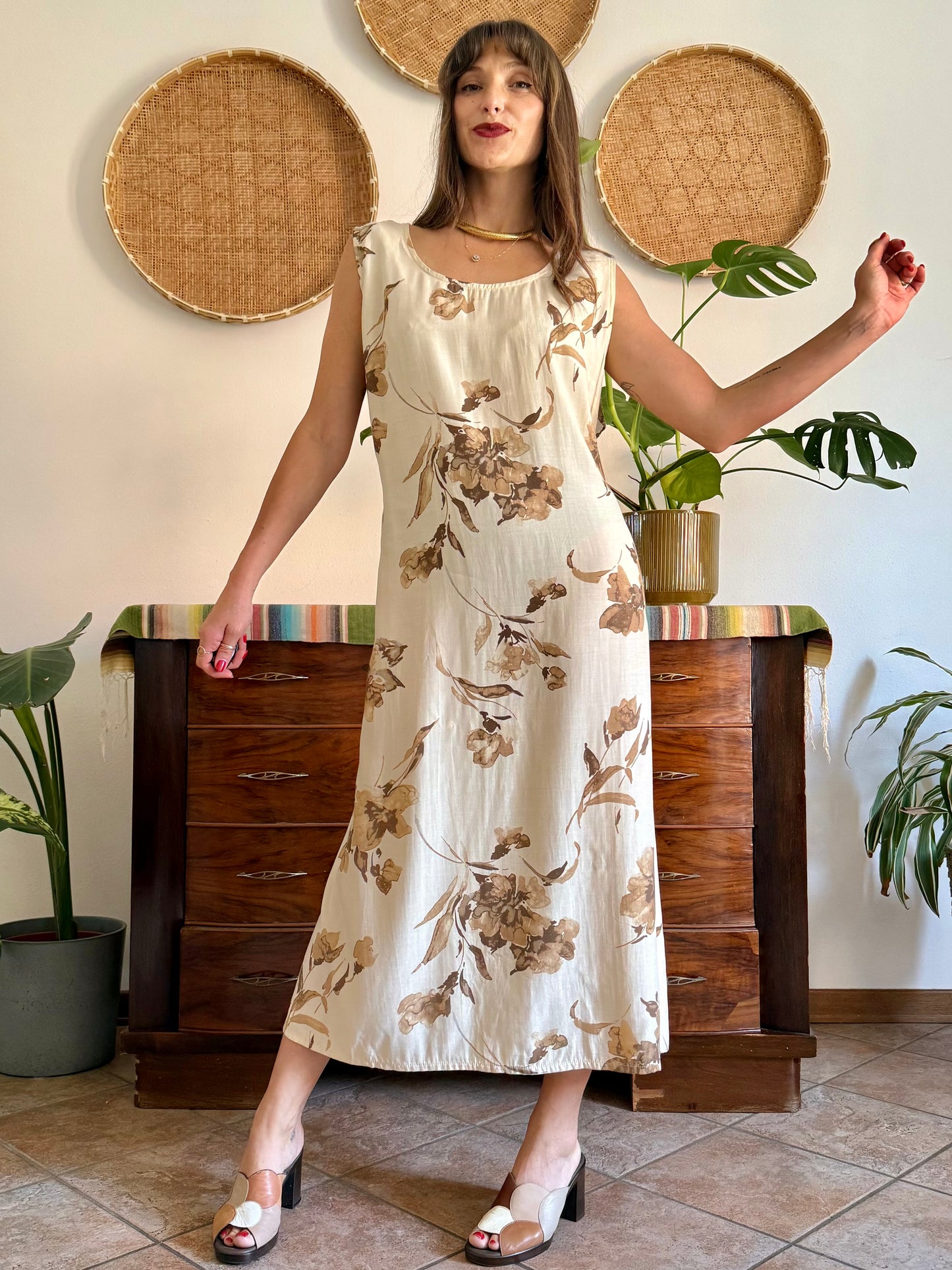 1990's vintage beige floral maxi dress with chocolate brown floral print