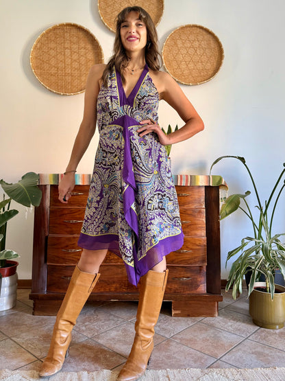 Y2k vintage purple and yellow floral silk halter top midi dress