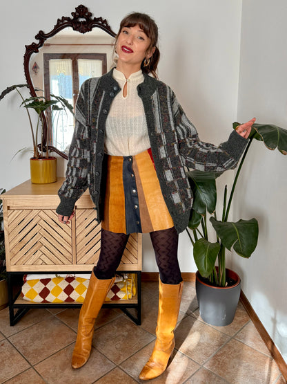 1970’s vintage grey cardigan with burgundy and yellow knit geometric pattern