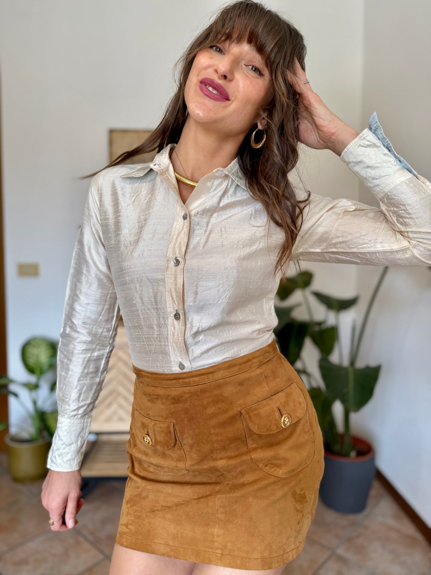 1990’s vintage cream raw silk textured blouse with mother of pearl buttons